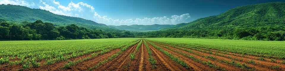 Lush Green Agricultural Field with Mountain View and Cloudy Blue Sky: Stunning Farmland Landscape in Nature, Perfect for Farming and Agriculture Enthusiasts