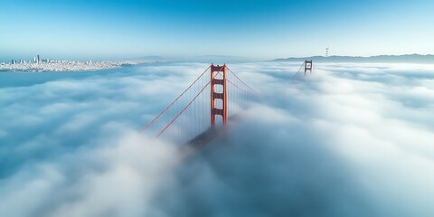 The iconic Golden Gate Bridge pierces through a dense layer of fog, creating a breathtaking aerial view.