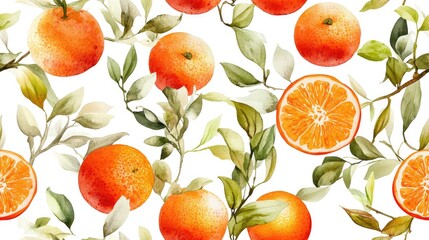 Obraz premium Seamless watercolor pattern featuring vibrant oranges mandarins and tangerines on a clean white background perfect for fabric design