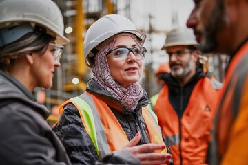 Female engineer in hijab leading discussion at construction site, concept of diversity in STEM