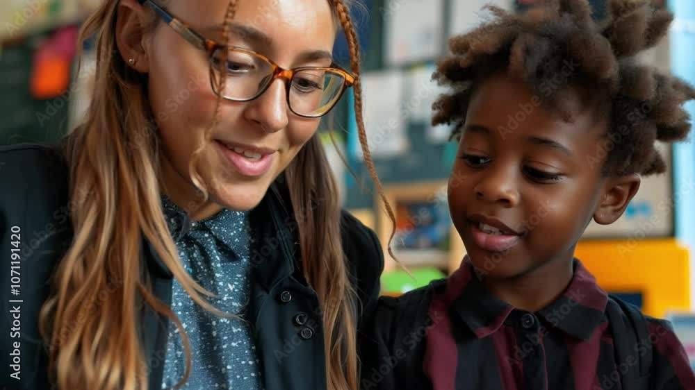 Aufkleber this teacher and a child share a joyful moment while reading in an engaging classroom environment.