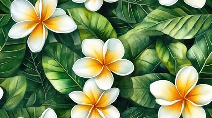 Obraz premium Watercolor seamless pattern featuring lush tropical leaves and frangipani flowers ideal for fabric design and home decor