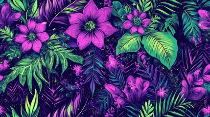 Exotic tropical neon seamless pattern featuring geometric zigzag and vibrant purple green floral designs ideal for surf swimwear textiles artistic fashion prints