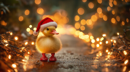 Duck with a Santa hat and mini booties, waddling on a path lined with festive lights