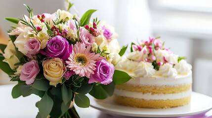 A beautifully arranged bouquet of fresh flowers paired with an elegant cake, creating a perfect centerpiece for a celebration or special occasion. The vibrant colors of the flowers complement the deli