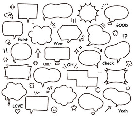 Fototapeta premium 吹き出しとアイコンのイラストセット 素材 見出し 飾り罫 ふきだし サンバースト あしらい ペン画風