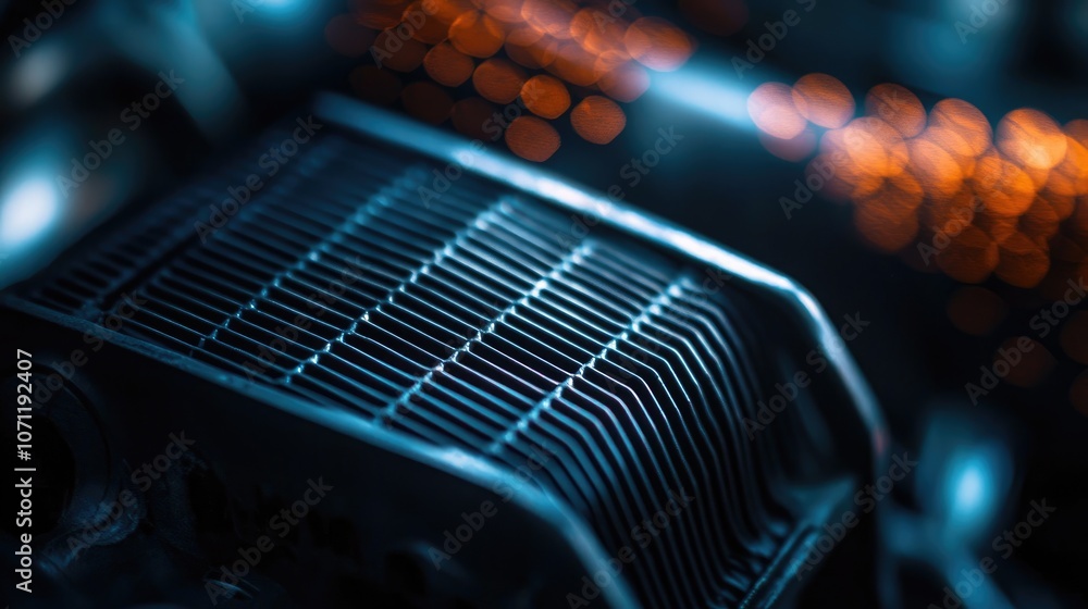 Poster close-up of a computer cpu cooler with a blurred background.