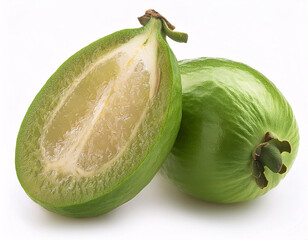 Two feijoas, one cut in half to reveal its vibrant green flesh