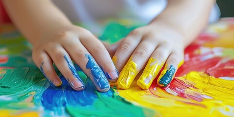 Close-up of a kid&acirc;&euro;&trade;s hands working on a painting project with a variety of colors.