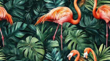 Seamless hand painted watercolor pattern featuring pink flamingos and tropical foliage perfect for summer themed designs