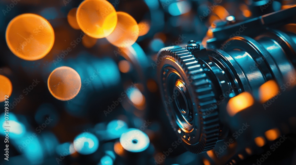 Poster close-up of a metallic camera lens with bokeh lights in the background.
