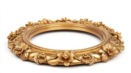 Golden picture frame with ornate detailing, isolated on white background, perfect for decor themes