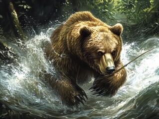 A large brown bear catches a fish in a rushing river with its claws and mouth.