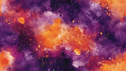 Fototapeta premium Seamless pattern of vibrant purple and orange watercolor ink splashes ideal for fabric design and art projects