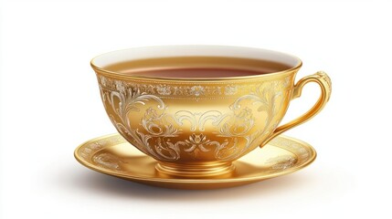 Golden teacup with intricate pattern, isolated on white background, representing elegance and tradition