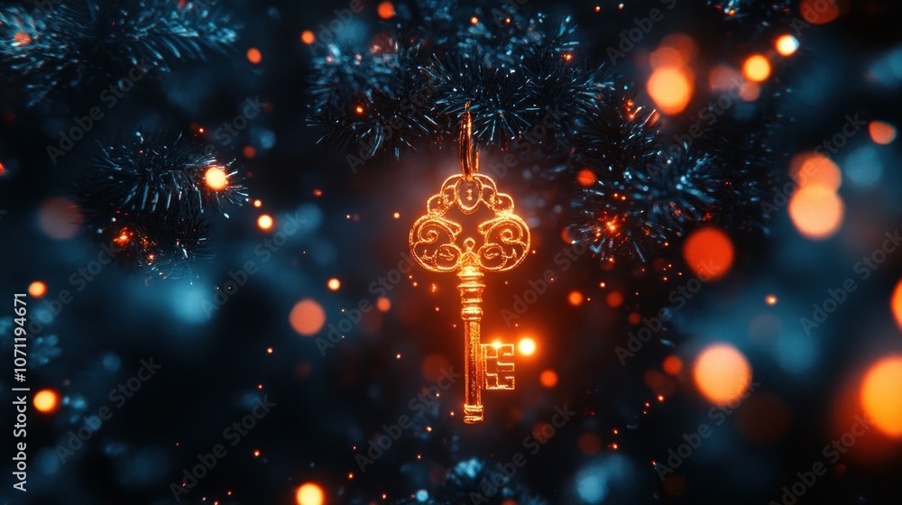 Wall mural a glowing golden key hangs from a tree branch against a bokeh background.