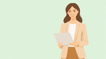 Smiling Woman Holding a Tablet in a Light Green Background