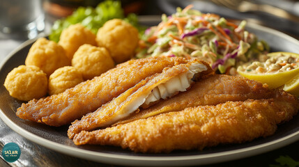 Close-up of crispy fried fish fillets with hushpuppies, coleslaw, and tartar sauce on a plate