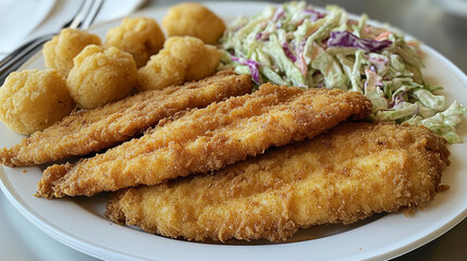 Crispy breaded fish fillets served with hush puppies and creamy coleslaw on a white plate