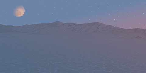 Minimalist mauntain ranges landscape in winter season have half moon with stars and twilight sky background graphic illustration have blank space.