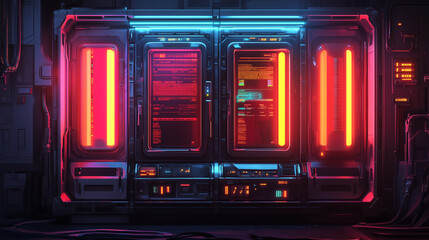 Obraz premium High-tech control panels with vibrant neon lighting, showcasing futuristic technology in a cyberpunk setting