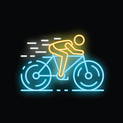Cyclist riding bike in speed neon light style icon