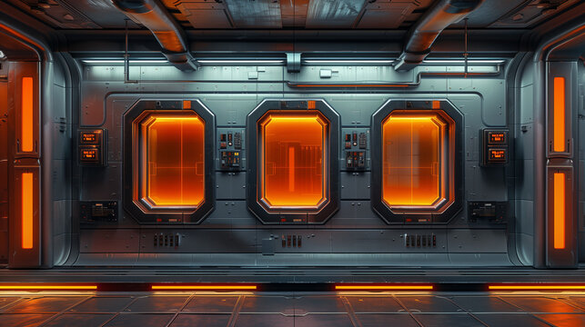 Industrial sci-fi hallway with glowing orange windows and advanced control panels in a futuristic setting