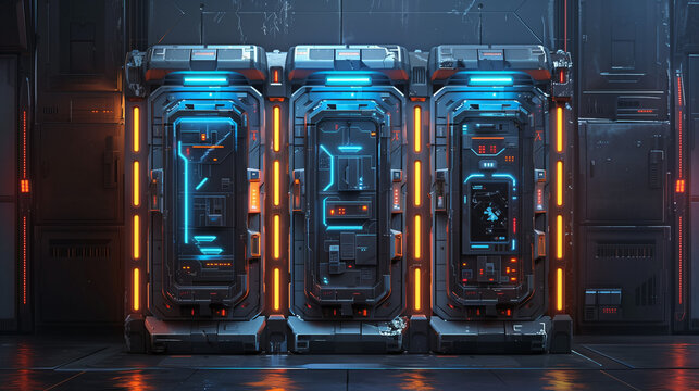 Three futuristic cryopods in a sci-fi setting, illuminated with vibrant blue and orange neon lights