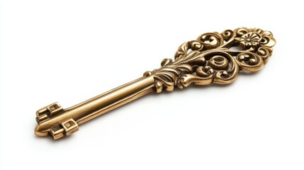 Obraz premium Vintage gold key with decorative engravings, isolated on a clean white background