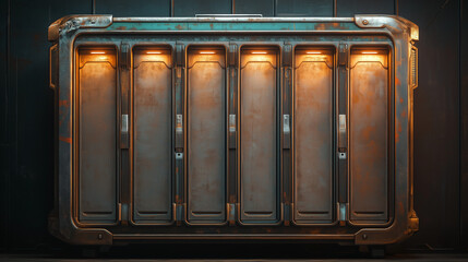 Rusty, futuristic storage unit with illuminated compartments, showcasing an industrial sci-fi design in warm lighting