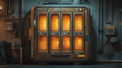 A detailed industrial control unit with glowing orange lights, futuristic tech environment