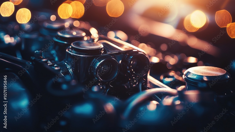 Poster close-up of a powerful engine with shiny chrome parts and a blurred background of golden lights.