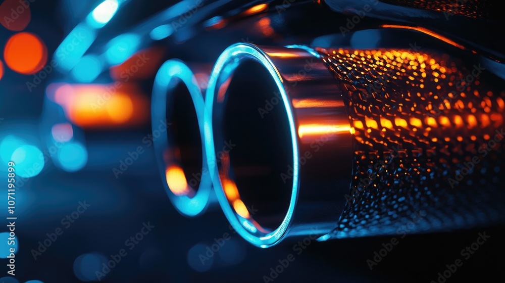 Poster closeup of a shiny chrome dual exhaust pipe with a mesh design and bokeh lights in the background.