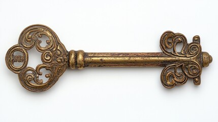 Vintage gold key with decorative engravings, isolated on a clean white background