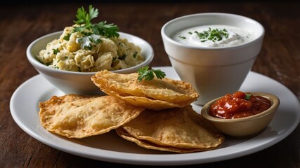A plate featuring crispy tortillas, creamy salad, and dipping sauces, perfect for sharing.