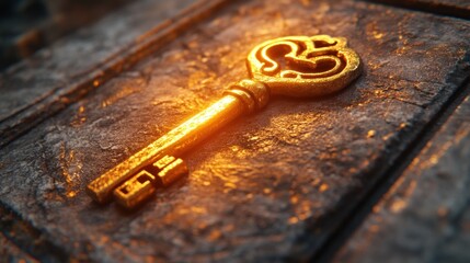 A golden key on a textured surface with glowing light.