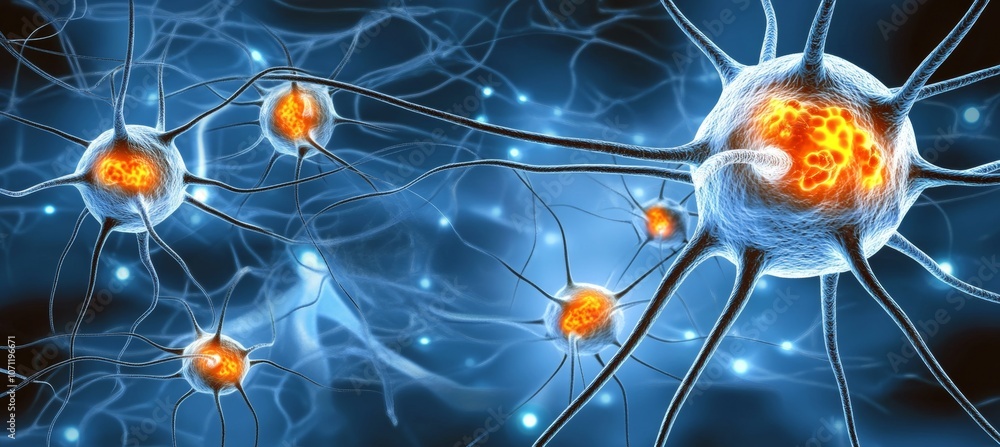 Poster complex network of neurons with active signals 3d rendering., network of neurons, synapse and neuron