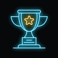 Neon sign representing a trophy cup with a star, symbolizing victory and achievement