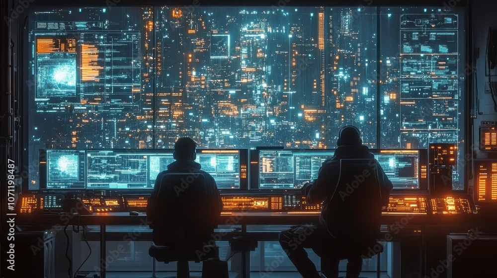 Poster operators in digital control room with futuristic screens