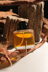 Amber Serum Bottle with Dropper on Natural Wood and Stone Decor