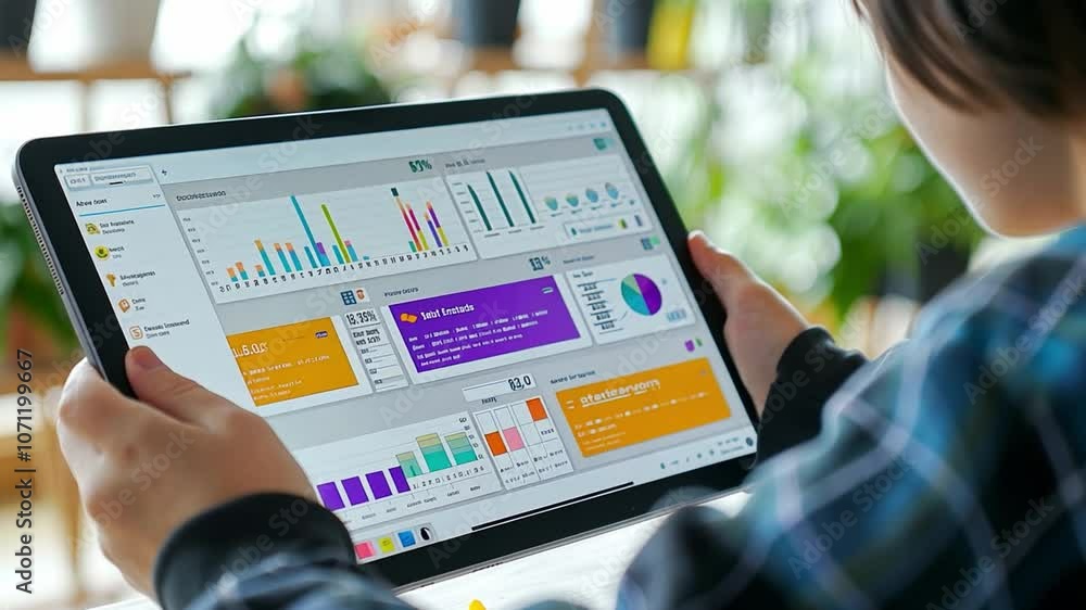 Poster This user reviews colorful data visualizations on a tablet screen in a bright office.