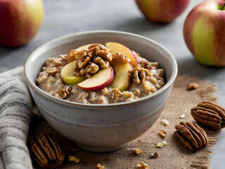 Fototapeta premium Spiced apple oatmeal with chunks of caramelized apples, walnuts, and a sprinkle of nutmeg.