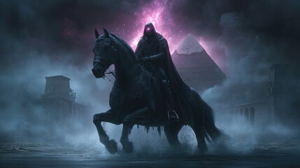 Obraz premium A hooded figure rides a black horse through a mystical landscape.