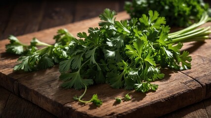 Fresh cilantro on a wooden cutting board, ready for culinary use.
