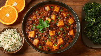 Delicious Vegan Black Bean Sweet Potato Stew with Fresh Green Kale, Seasoned Rice, and Citrus Slices - Perfect Hearty Healthy Meal for Plant-Based Diet