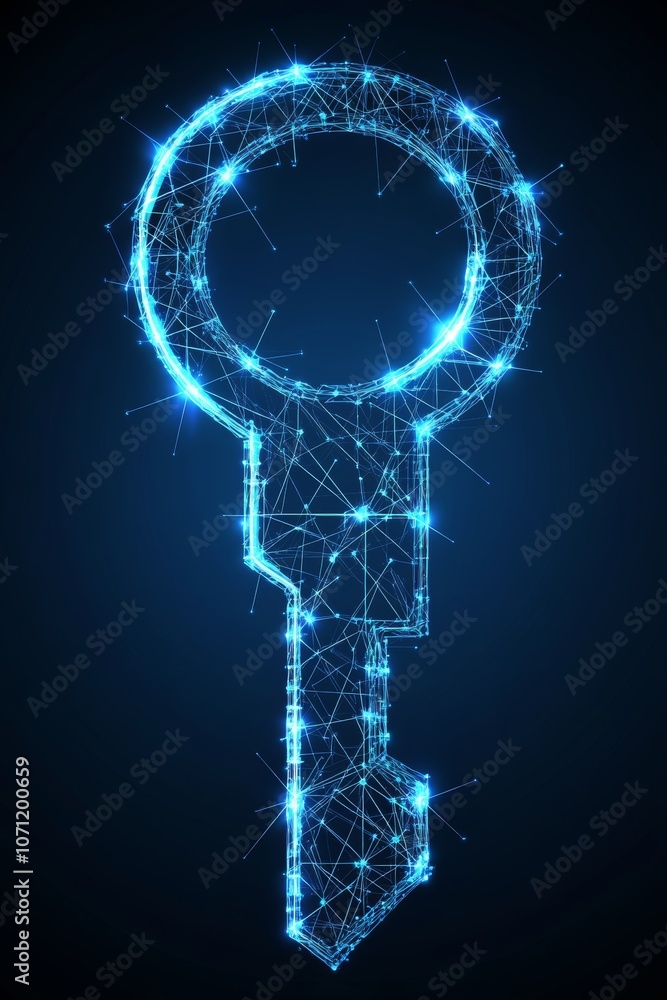 Poster abstract blue glowing key shape with wireframe mesh on dark background, digital security concept.