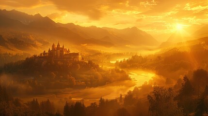 Obraz premium Golden Sunset Over a Majestic Castle