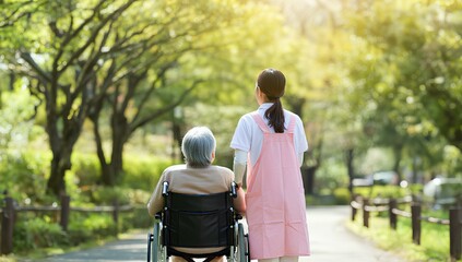 Obraz premium 車椅子に乗ったシニア男性と介護者。公園背景｜Senior man in a wheelchair and his caregiver. Park background