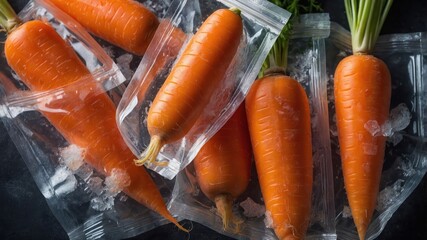 Fresh carrots packaged with ice for preservation and display.