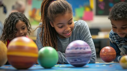 Fototapeta premium A dedicated teacher guides students in building a model solar system, encouraging teamwork and scientific curiosity as they assemble planets in a colorful, interactive setting